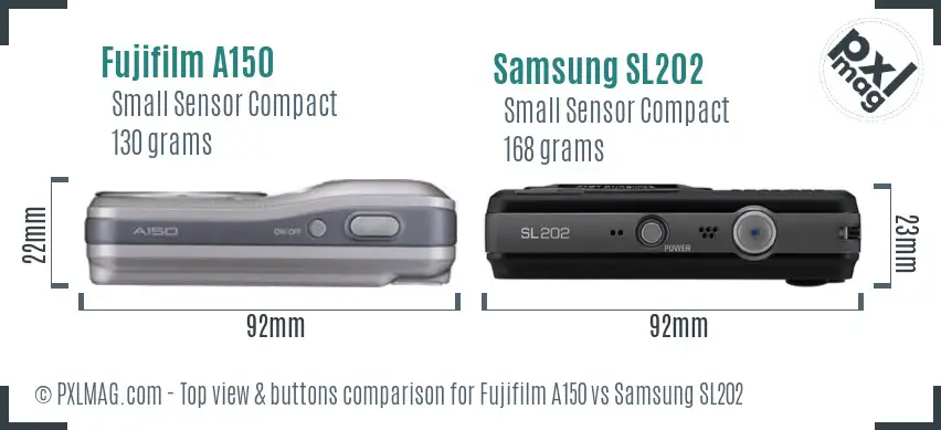 Fujifilm A150 vs Samsung SL202 top view buttons comparison