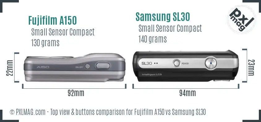 Fujifilm A150 vs Samsung SL30 top view buttons comparison