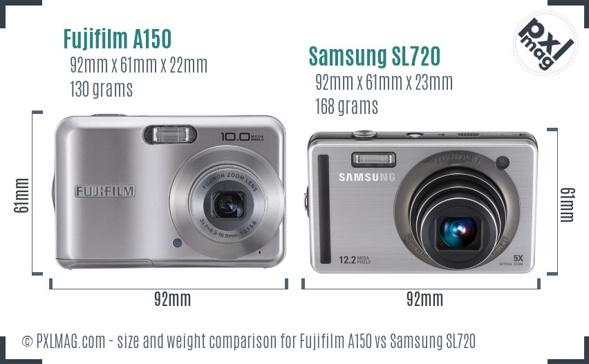 Fujifilm A150 vs Samsung SL720 size comparison