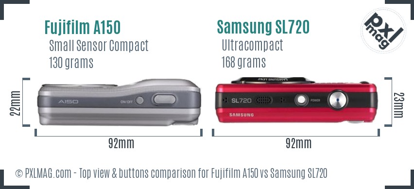 Fujifilm A150 vs Samsung SL720 top view buttons comparison