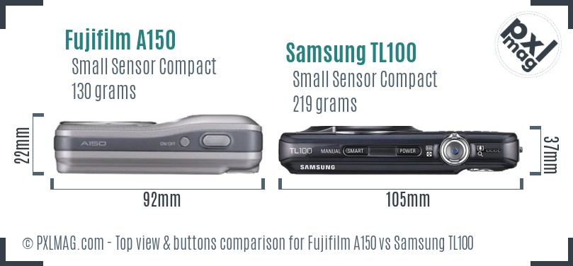Fujifilm A150 vs Samsung TL100 top view buttons comparison