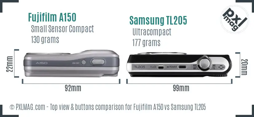 Fujifilm A150 vs Samsung TL205 top view buttons comparison Fujifilm A150 vs Samsung TL205 top view buttons comparison