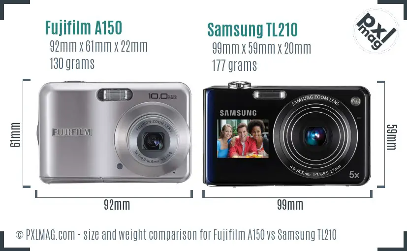 Fujifilm A150 vs Samsung TL210 size comparison