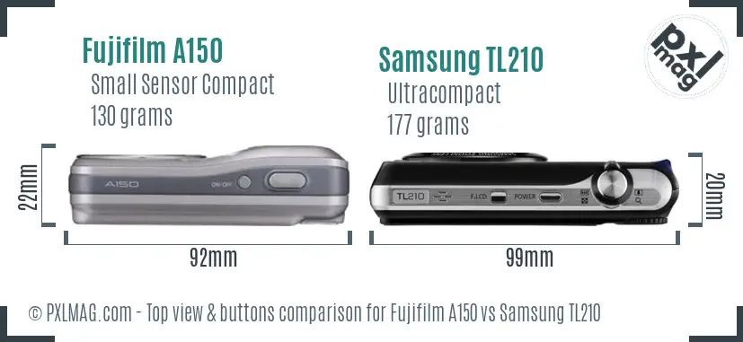 Fujifilm A150 vs Samsung TL210 top view buttons comparison