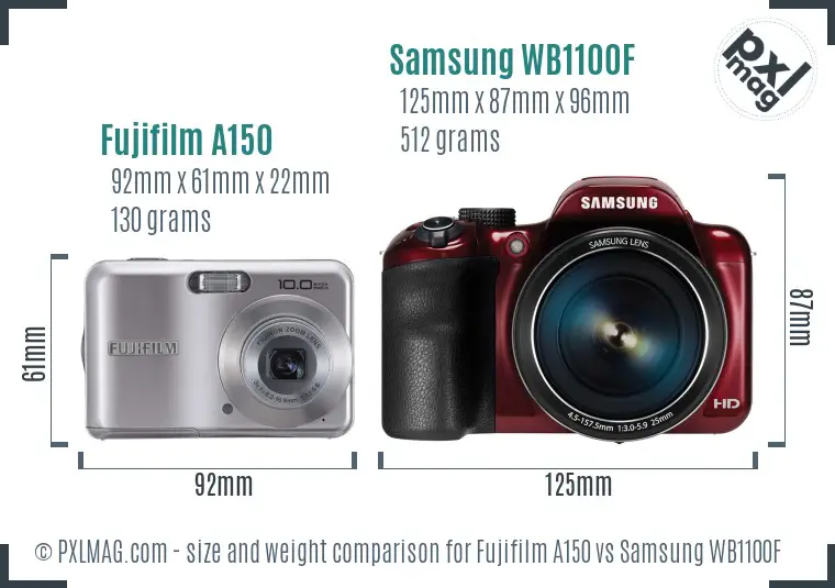 Fujifilm A150 vs Samsung WB1100F size comparison