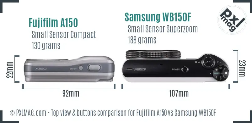 Fujifilm A150 vs Samsung WB150F top view buttons comparison Fujifilm A150 vs Samsung WB150F top view buttons comparison