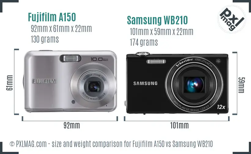 Fujifilm A150 vs Samsung WB210 size comparison