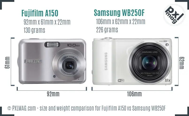 Fujifilm A150 vs Samsung WB250F size comparison