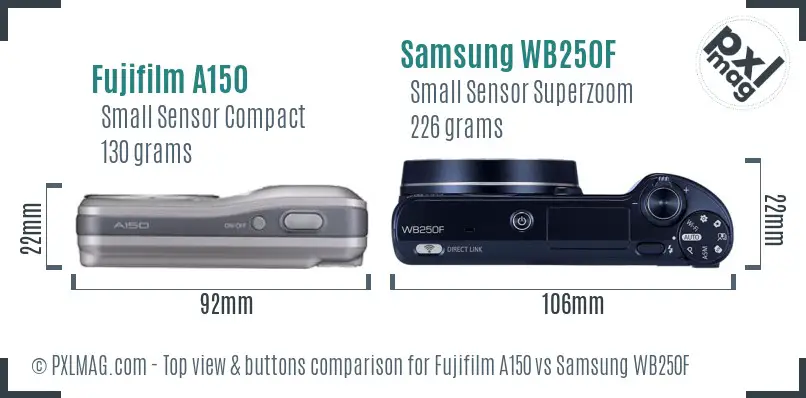 Fujifilm A150 vs Samsung WB250F top view buttons comparison
