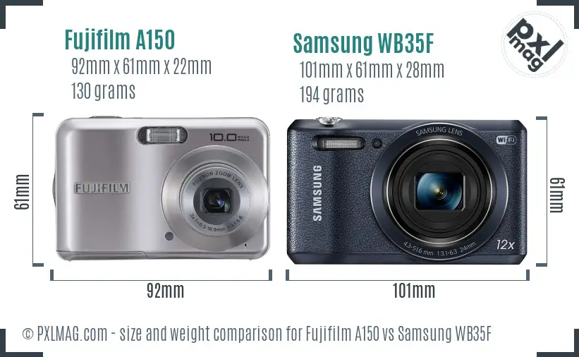 Fujifilm A150 vs Samsung WB35F size comparison