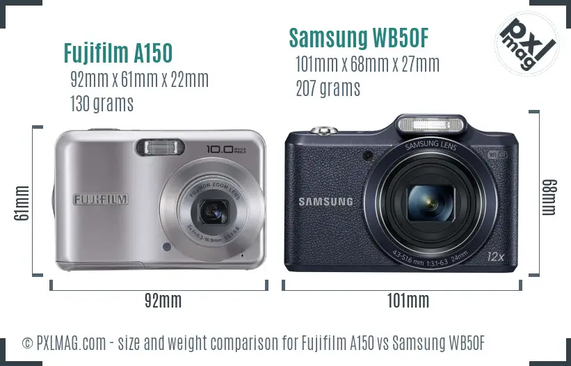 Fujifilm A150 vs Samsung WB50F size comparison