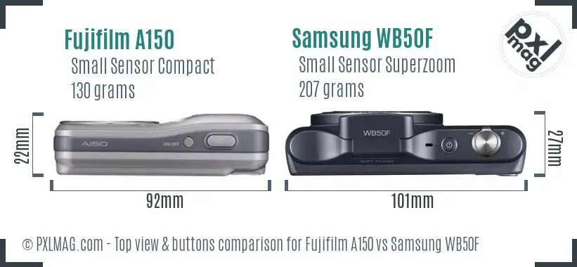 Fujifilm A150 vs Samsung WB50F top view buttons comparison