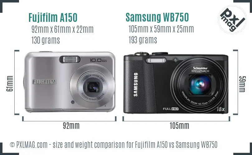 Fujifilm A150 vs Samsung WB750 size comparison