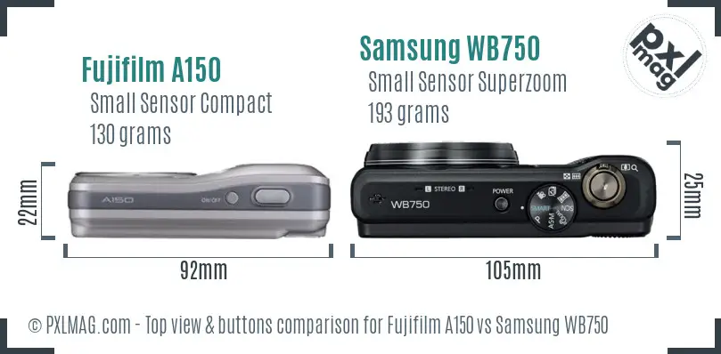 Fujifilm A150 vs Samsung WB750 top view buttons comparison