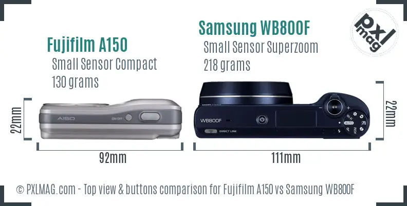 Fujifilm A150 vs Samsung WB800F top view buttons comparison