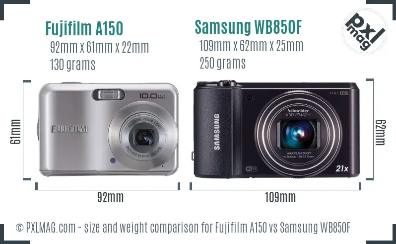 Fujifilm A150 vs Samsung WB850F size comparison