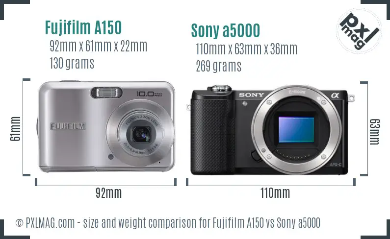 Fujifilm A150 vs Sony a5000 size comparison