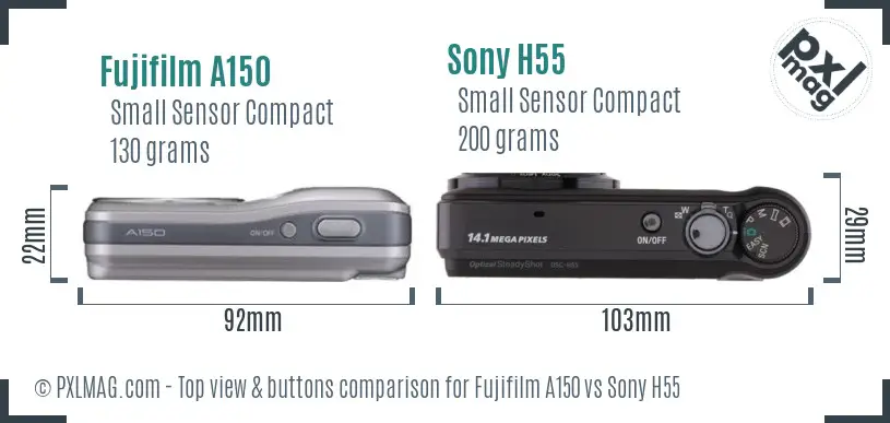 Fujifilm A150 vs Sony H55 top view buttons comparison Fujifilm A150 vs Sony H55 top view buttons comparison