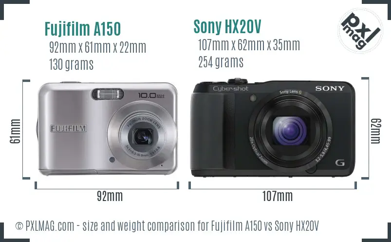 Fujifilm A150 vs Sony HX20V size comparison