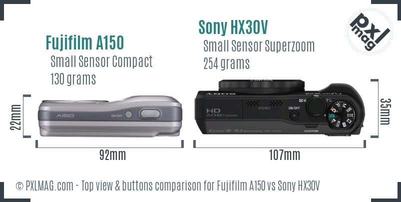Fujifilm A150 vs Sony HX30V top view buttons comparison