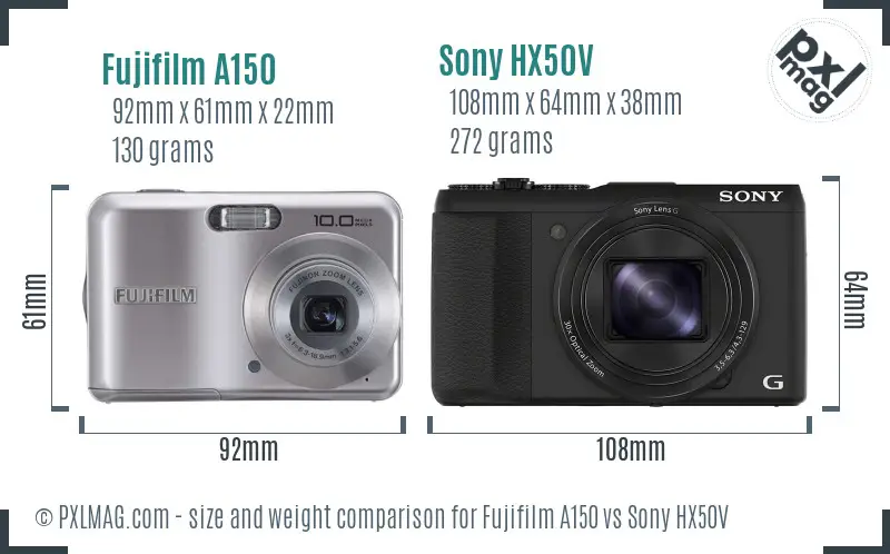 Fujifilm A150 vs Sony HX50V size comparison