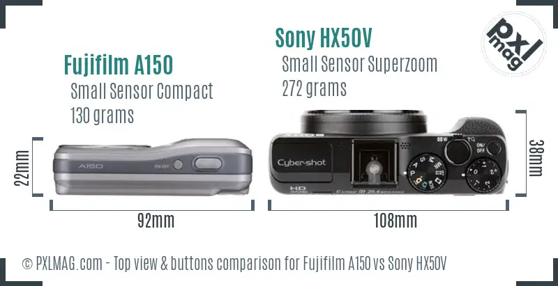 Fujifilm A150 vs Sony HX50V top view buttons comparison