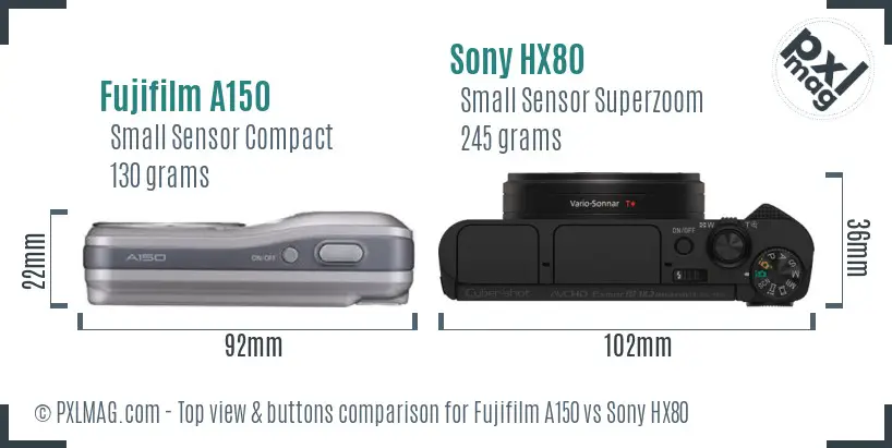 Fujifilm A150 vs Sony HX80 top view buttons comparison