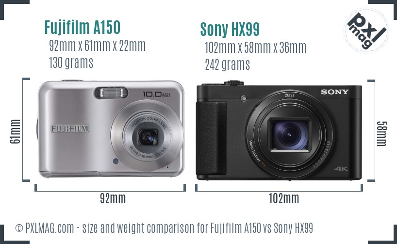Fujifilm A150 vs Sony HX99 size comparison