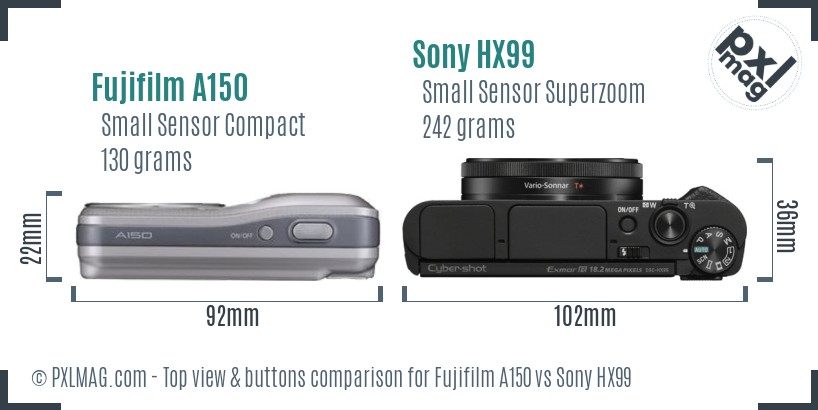 Fujifilm A150 vs Sony HX99 top view buttons comparison