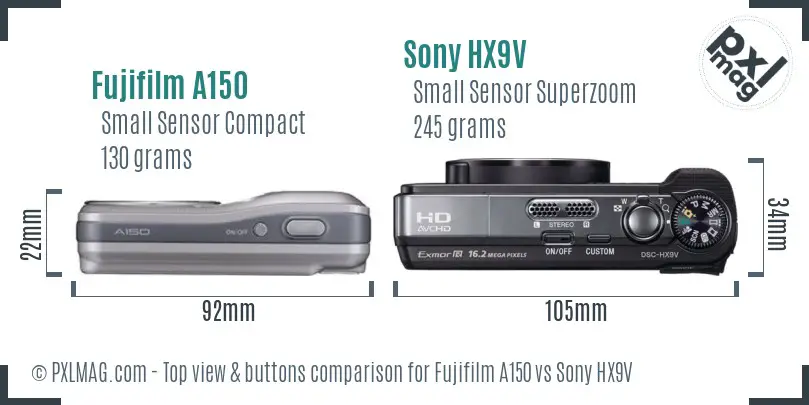 Fujifilm A150 vs Sony HX9V top view buttons comparison