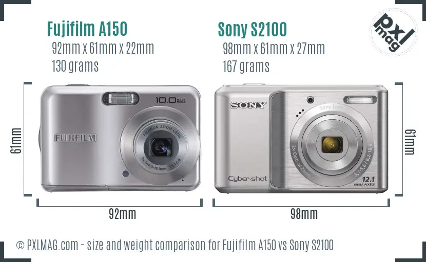 Fujifilm A150 vs Sony S2100 size comparison Fujifilm A150 vs Sony S2100 size comparison