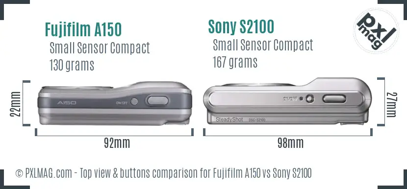 Fujifilm A150 vs Sony S2100 top view buttons comparison Fujifilm A150 vs Sony S2100 top view buttons comparison