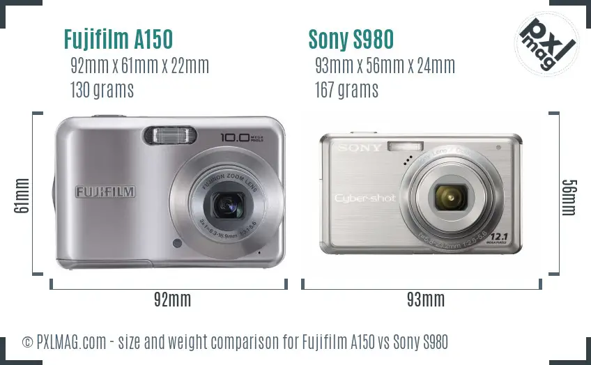 Fujifilm A150 vs Sony S980 size comparison