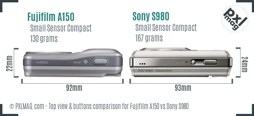 Fujifilm A150 vs Sony S980 top view buttons comparison