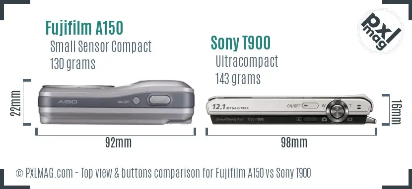Fujifilm A150 vs Sony T900 top view buttons comparison Fujifilm A150 vs Sony T900 top view buttons comparison