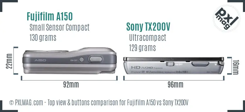 Fujifilm A150 vs Sony TX200V top view buttons comparison