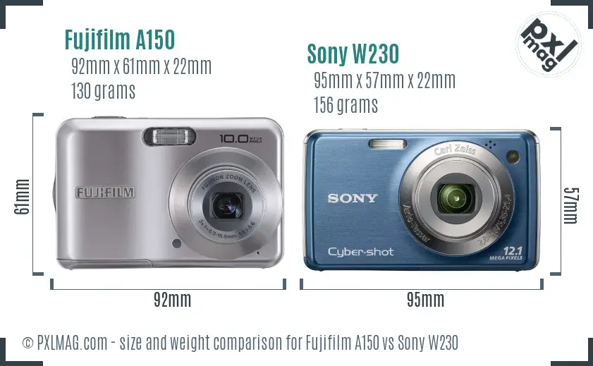 Fujifilm A150 vs Sony W230 size comparison