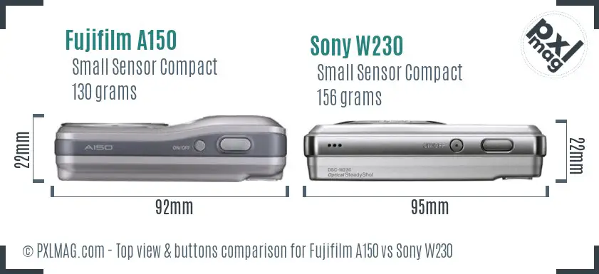 Fujifilm A150 vs Sony W230 top view buttons comparison