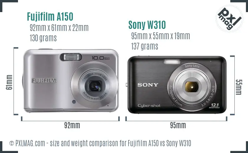 Fujifilm A150 vs Sony W310 size comparison