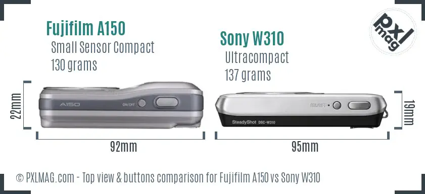 Fujifilm A150 vs Sony W310 top view buttons comparison