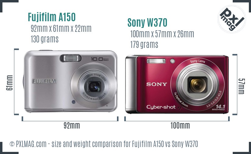 Fujifilm A150 vs Sony W370 size comparison