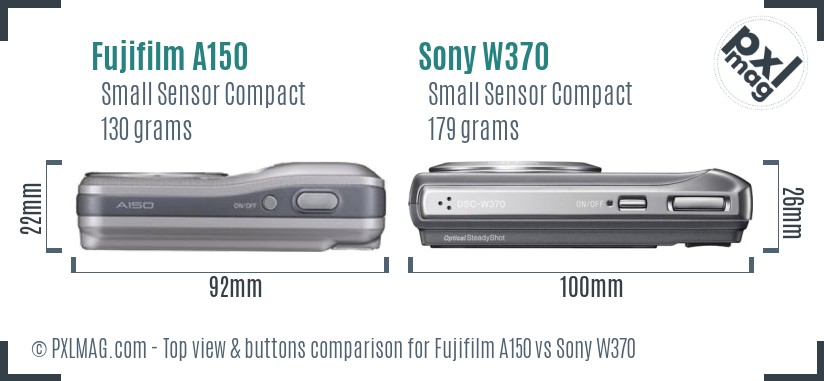 Fujifilm A150 vs Sony W370 top view buttons comparison
