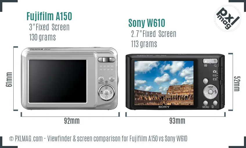 Fujifilm A150 vs Sony W610 Screen and Viewfinder comparison