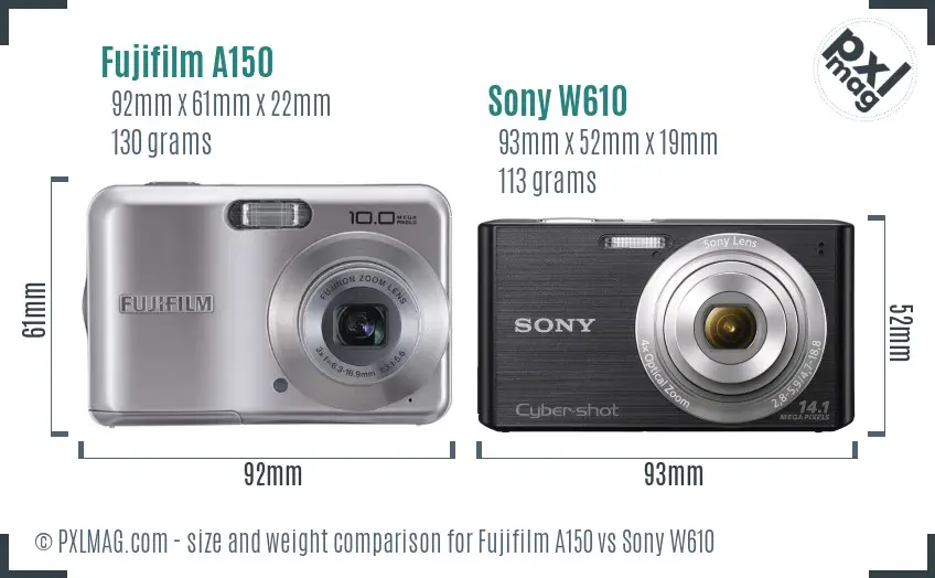 Fujifilm A150 vs Sony W610 size comparison