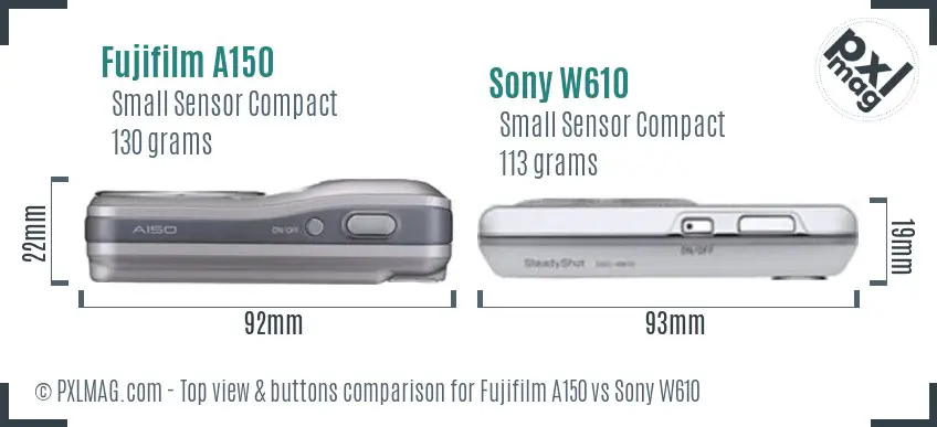 Fujifilm A150 vs Sony W610 top view buttons comparison