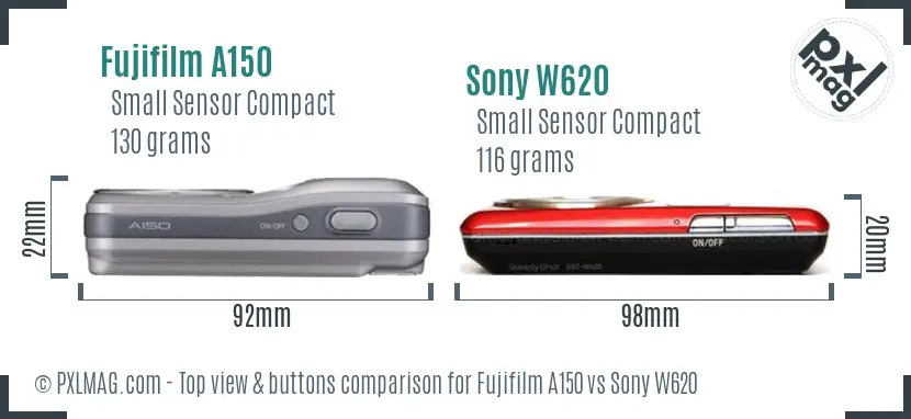 Fujifilm A150 vs Sony W620 top view buttons comparison Fujifilm A150 vs Sony W620 top view buttons comparison