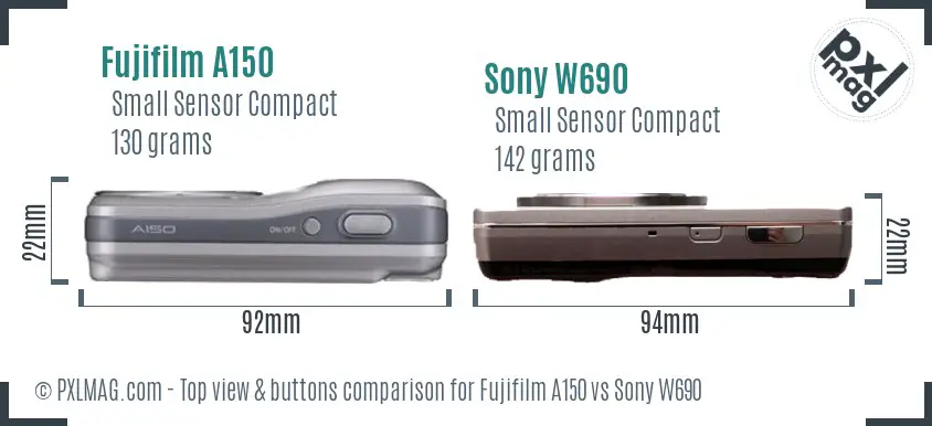 Fujifilm A150 vs Sony W690 top view buttons comparison