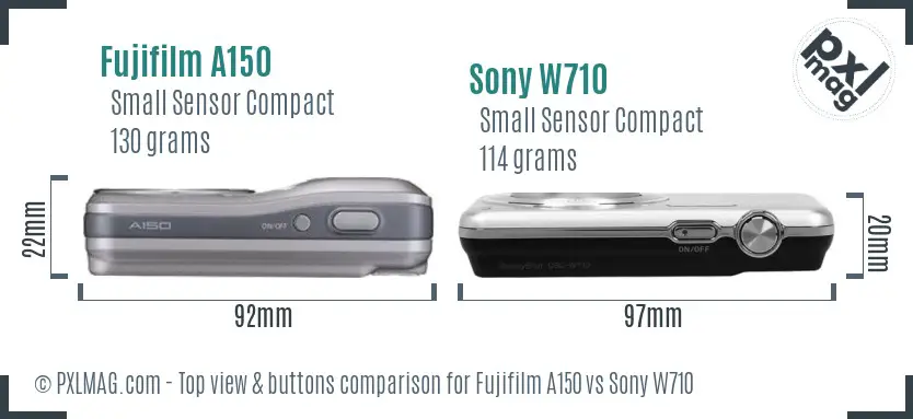 Fujifilm A150 vs Sony W710 top view buttons comparison