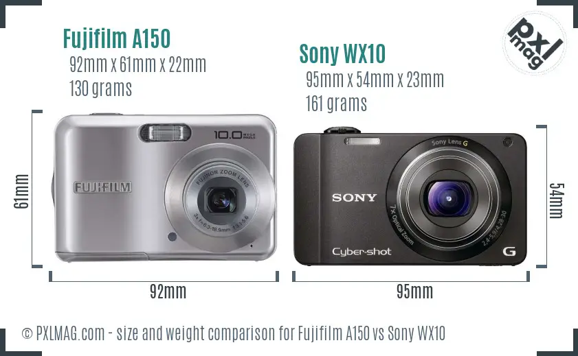 Fujifilm A150 vs Sony WX10 size comparison