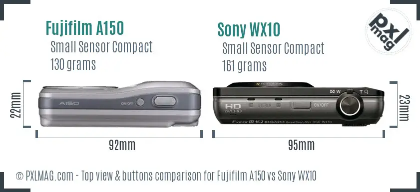 Fujifilm A150 vs Sony WX10 top view buttons comparison